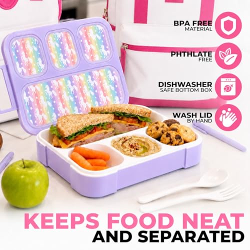 Image of kinsho Bento Box Lunch Boxes for Kids Girls, Meal and Snack Containers for Toddler Daycare, School Travel, Loncheras Para Ninas, Utensils Included (Purple Rainbow Unicorn + Pink Flowers, 2 Pack Set)