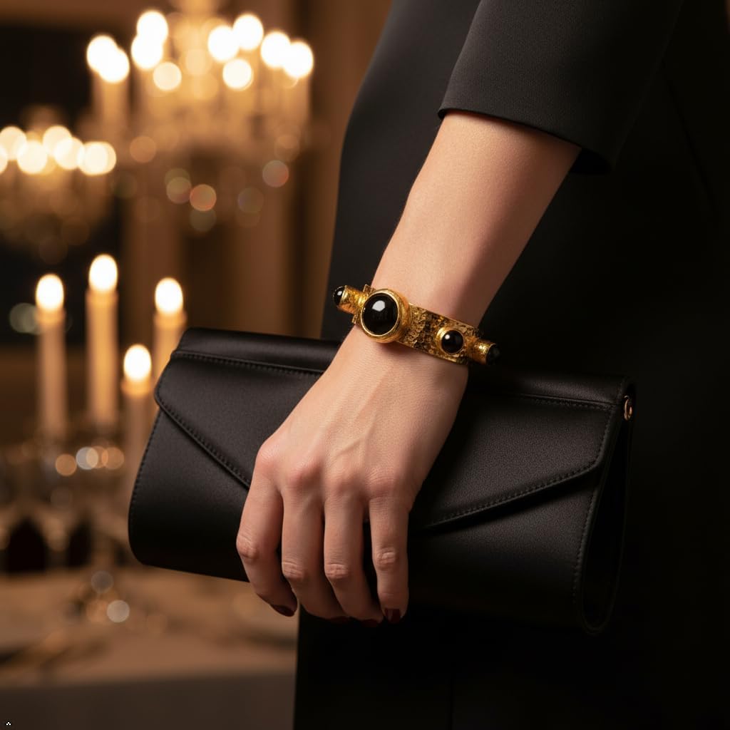 Luxury Gold Plated Cuff Bracelet for Women, Bohemian Style with Black Onyx Stones, Adjustable Statement Bangle for Women, Hammered Finish