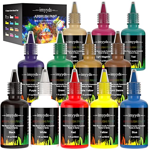 imyyds Airbrush Paint, 12 Color Acrylic Airbrush Paint Set, Water Based Read-to-Spray Air Brush Painting Set, Airbrush Spray Paint Kit for Papers, Canvas, Wood, Model