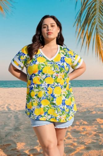Image of CARCOS Womens Plus Size Tops Short Sleeve Shirts V Neck Tunic Floral /Tie Dye /Solid Summer Tees XL-5X