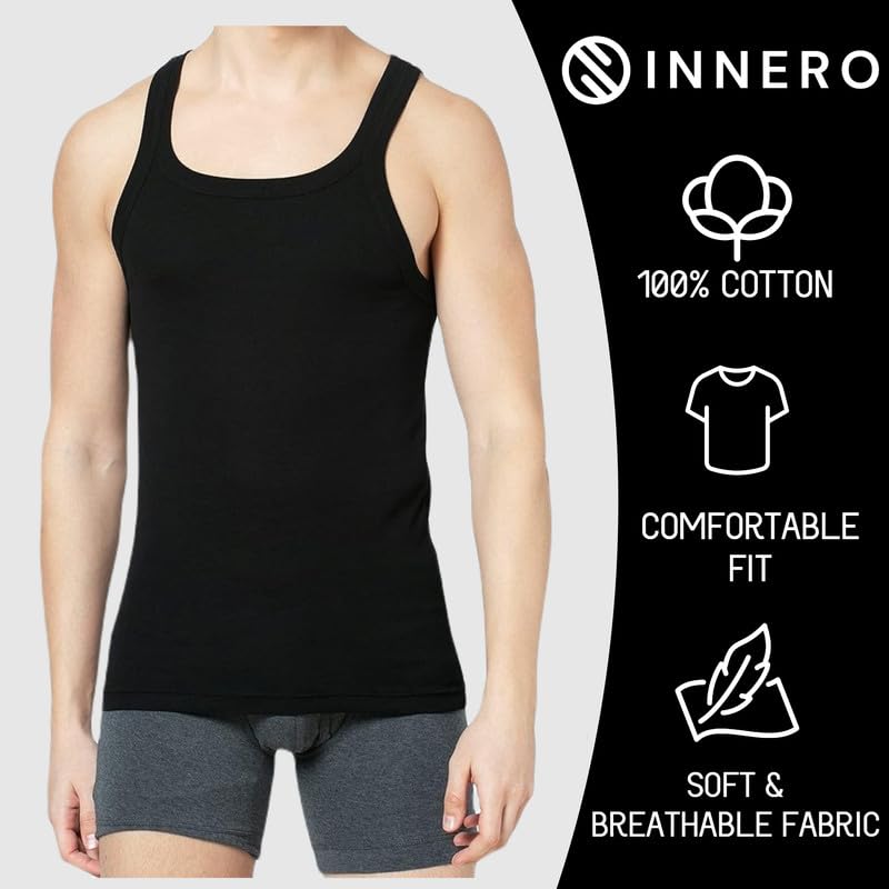 Image of INNERO Men's Black Baniyan Cotton Sleeveless Gym Vest