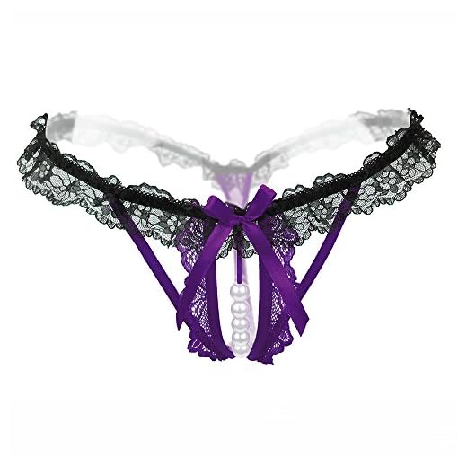 QinMM Tanga de Perlas Bragas de Mujer Sexy de Encaje Entrepierna Abierta Calzoncillos G-Strings, Púrpura, un tamaño