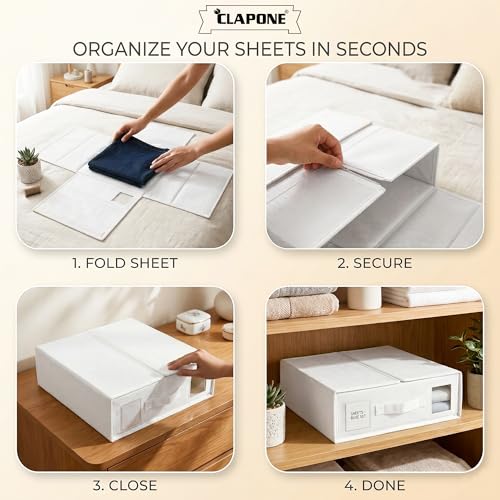 Image of CLAPONE Bedsheet Organizer Storage Box, Foldable Clothes Storage Container, Non-Woven Closet Organizer for Bedding, Blankets, Comforters & Underbed Storage (Pack of 4 Bedsheet Cover White)