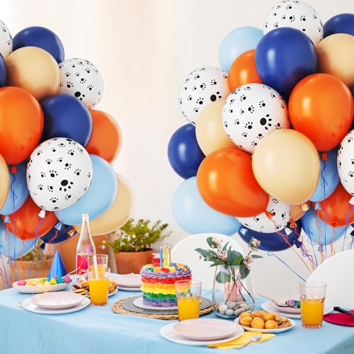 Image of Funhot Blue and Orange Balloons Set, 60PCS Dog Theme Balloon, 12Inch Pastel Orange Navy Blue Party Balloon Printed Balloons Helium for Baby Shower Birthday Party Decorations