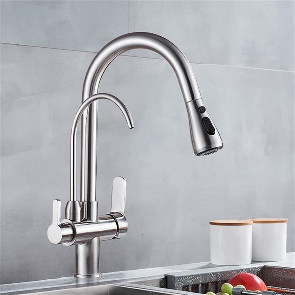 MXXQRHF Mixer Faucet Kitchen Faucet 360° Rotatable Faucet Kitchen Spiral Spring Faucet Pull-Out with Pure Water Deck Installation,Brushed Nickel