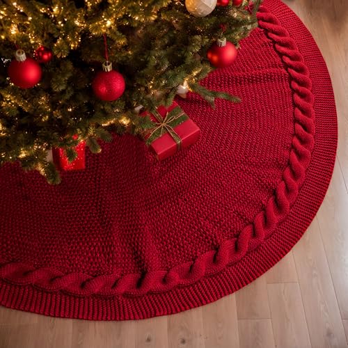 Christmas Tree Skirt 36 inches Red Knitted Tree...