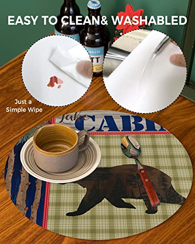 Wedge Placemats Set Of 4 With Centerpiece Round Mats, Forest Bear Silhouette Pine Needles Pine Cones Retro Buffalo Check Plaid Table Mats Durable Pvc Kitchen Mat Stain Resistant Table Cover For Dining #TOP4