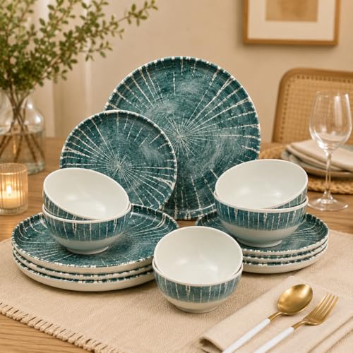 Image of MARKET 99 Dreams Blue Melamine 14 Piece Dinner Set, Round Glossy Vertical Stripe Design with 4 Full Plates, 4 Quarter Plates, 4 Soup Bowls & 2 Serving Bowls, Food Safe Dinnerware