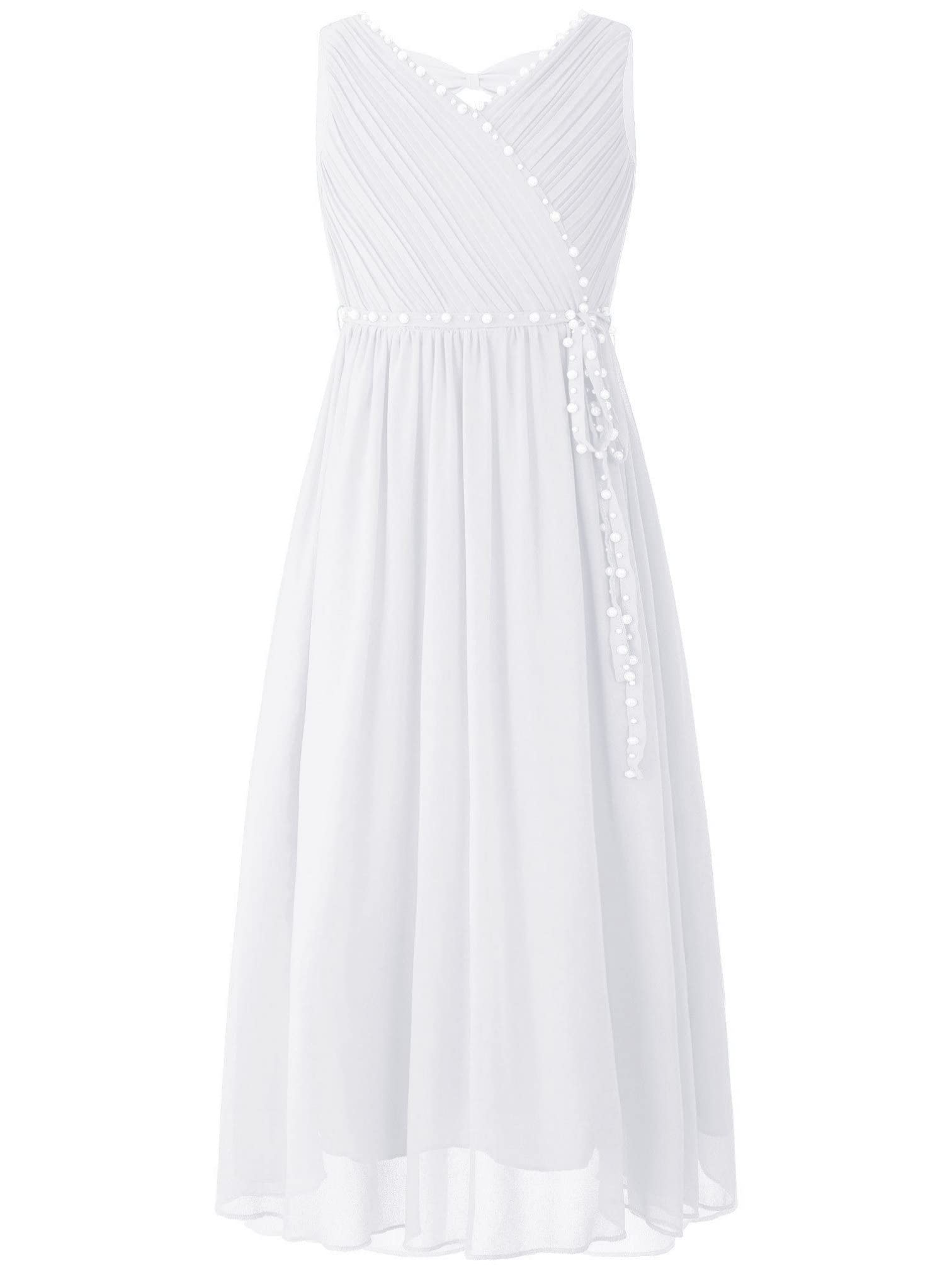MSemis Vestido Niña sin Manga Vestido Elegante de Gasa Plisada con Cuello en V Vestido Princesa de Gala Dama de Honor Boda de Noche Flores Niña 3-14 Años
