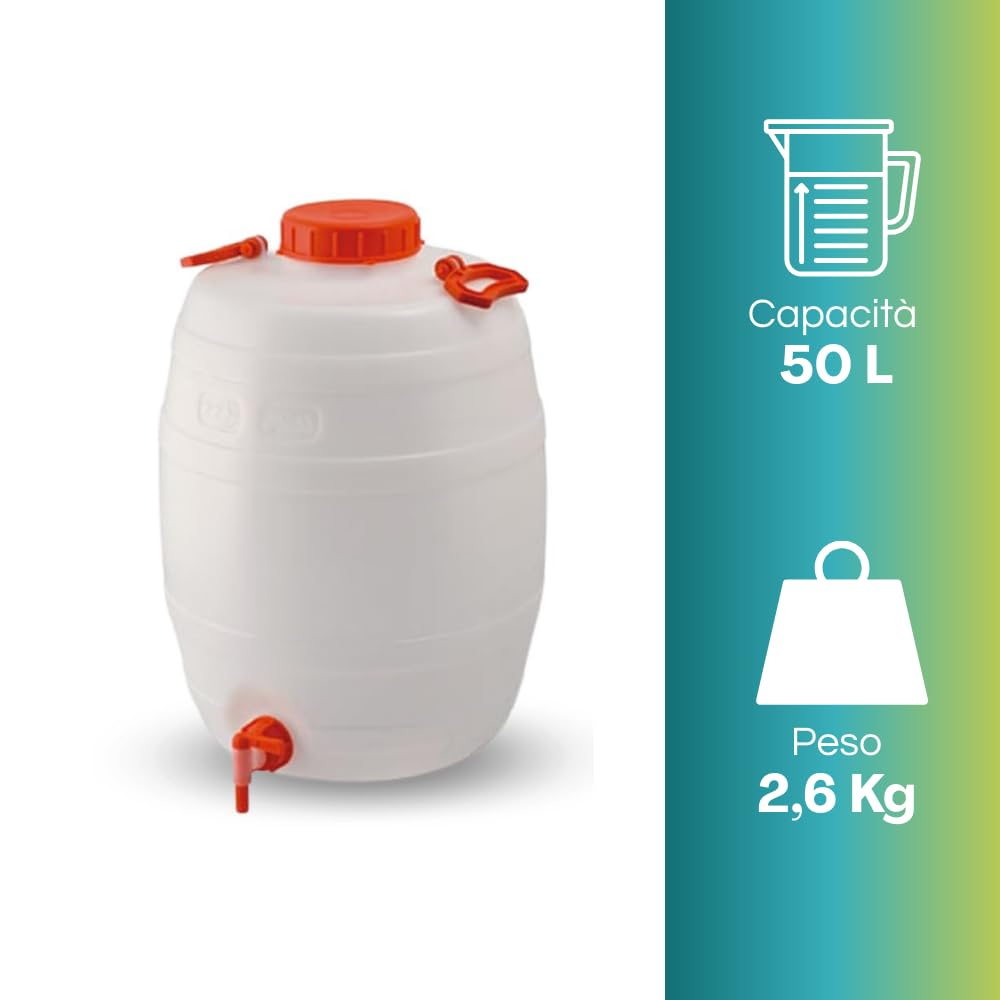 Paluplus Fustino Botticella con Rubinetto, Misura 39x56 cm e Capacità 50 Litri, Contenitore in Plastica con Maniglia in Acciaio per il Trasporto di liquidi -050F2,6