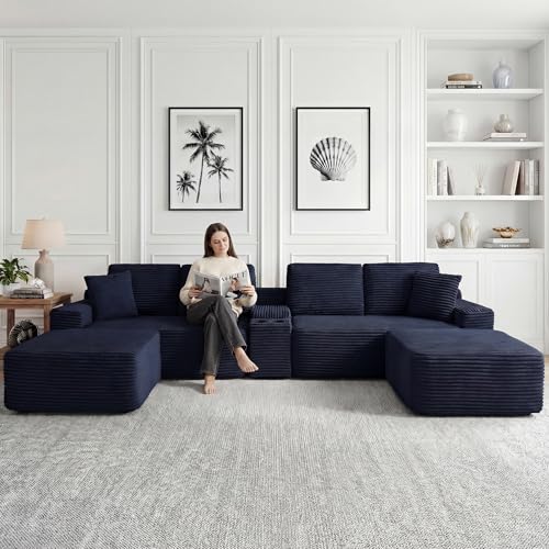 Image of 125 Inch Modular Sectional Sofa, Modern Oversized Corduroy Cloud Couch with 2 Ottomans, Cup Holders and USB Ports, U Shape Couch Boneless Couches for Living Room, No Assembly Required, Blue