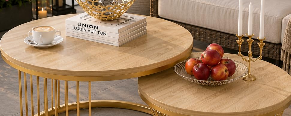 Image of The Round Coffee Table and The Stacking Tea Table with a Gold Metal Frame are Two Versatile Modern Center Tables that Look Great in Living Rooms (Cream Gold)