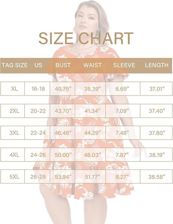 Image of Women's Plus Size Casual Dress Crew Neck Ruffle Floral Short Sleeve Summer Midi Dresses with Pockets