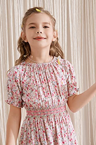 Tiny Sugar Girls Smocked Waist Soft Viscose Midi Dress Elastic Crewneck Casual Playwear Skater Dress With Pockets Pink Floral Ss-7Y #TOP1