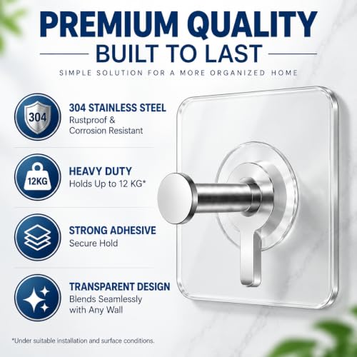 Image of Zista Self Adhesive Wall Hooks Heavy Duty, Pack of 10 | Transparent Sticky Hooks with Stainless Steel Hanger | Waterproof No Drill No Nail Hooks for Bathroom, Kitchen, Home & Office