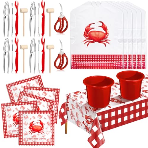 Ferrochef 61 Pcs Seafood Tools Set Plastic Crab Tablecloth Crab Bibs Disposable Gloves Lobster Sheller Stainless Steel Crabs Cracker Shellfish Fork Scissor Plastic Bucket for Seafood Boil Party