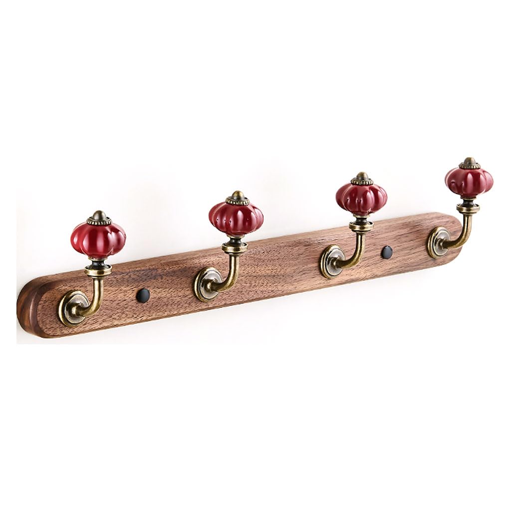 Lmysxaoz Red Walnut Solid Wood Coat Rack Wall Mount, Ceramic Pumpkin Shaped Hooks Hanging Rail Clothes Towel Racks For Bathroom Entryway Bedroom Coat, Scarf 4Hook