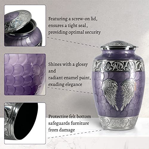 Image of Purple Urn for Human Ashes Adult Female and Male - Elegant Large Cremation Urns with Angel Wings, Decorative Funeral Memorial Burial Urn
