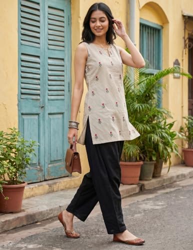 Image of Youthnic Women's Cotton Embroidered And Stripes Work Summer Wear Straight Kurti With farshi Salwar | Co Ord Set for Women Stylish | Office wear Kurta Set
