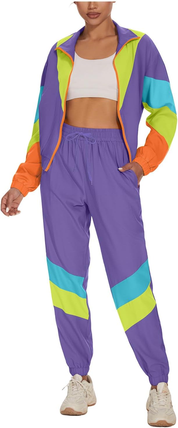 Women's Color Block 2 Piece 80s 90s Outfits Long Sleeve Windbreaker Jacket Tracksuit Set