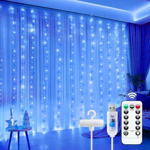 Image of MIRADH 300 LED Fairy Curtain String Lights - USB Powered Remote-Controlled Backdrop, Warm Ambience for Diwali, Navratri, Christmas & New Year Decor (Blue)