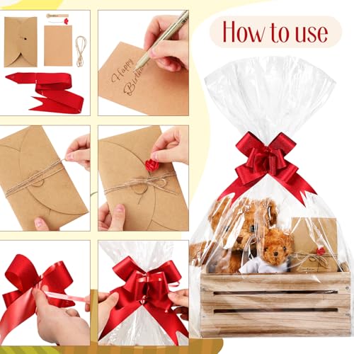 Image of Wonderjune Wooden Baskets for Back to School Gifts Empty Wood Basket with Cellophane Bag Ribbon Greeting Card for Birthday Baby Shower Wedding Housewarming Gifts Packaging(Brown,Large)