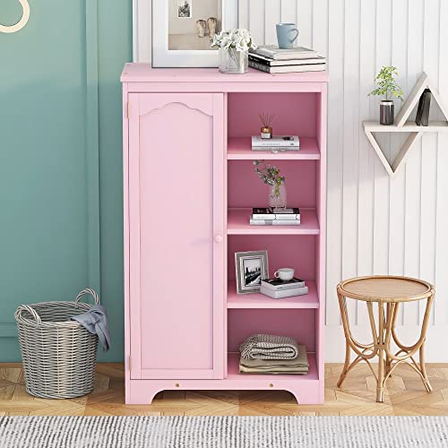 Homsof Bathroom Floor, Wooden Freestanding Cabinet,Side Storage Organizer For Kids, Pink + Shelf #TOP7