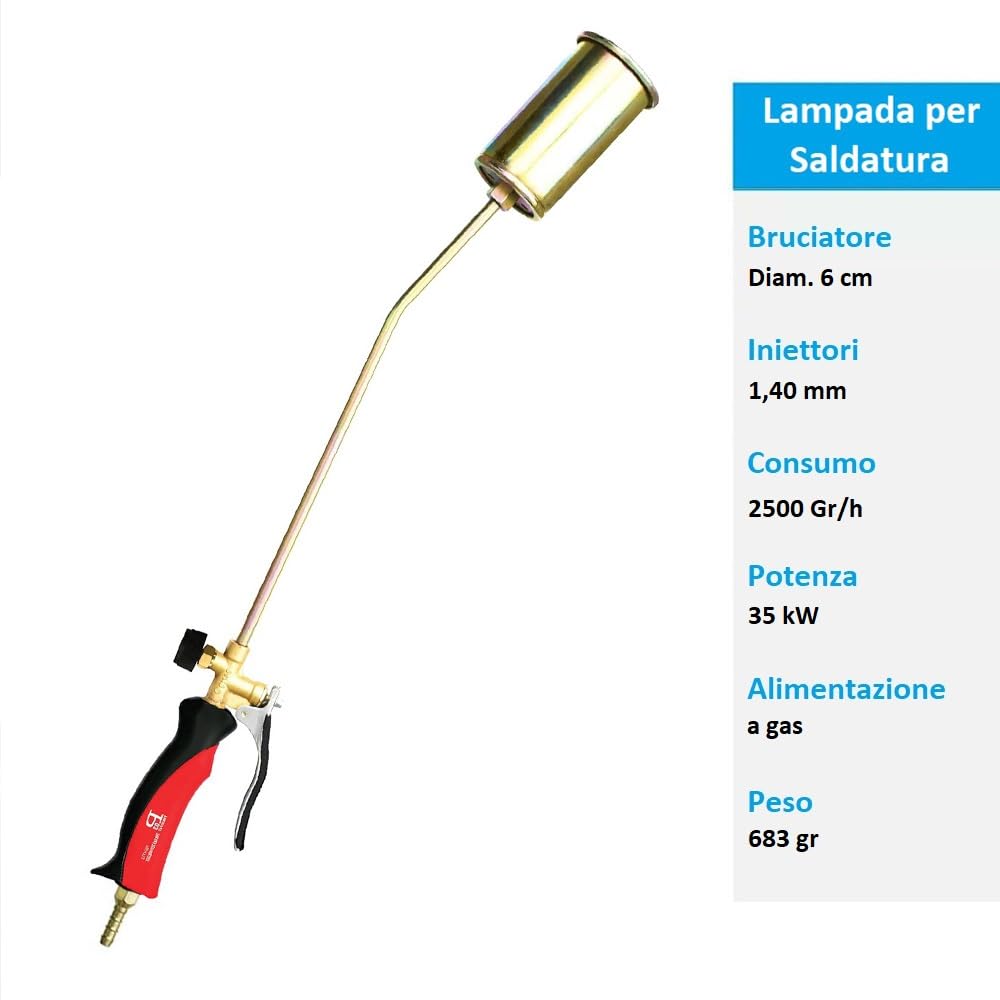 Paluplus Cannello per Saldature a Leva, lunghezza 60 cm, Bruciatore a Gas in Acciaio Zincato, Intensità di Fiamma Regolabile, Pistola per Asfalto, Guaina, per Sverniciatura, Potenza 35Kw -64L