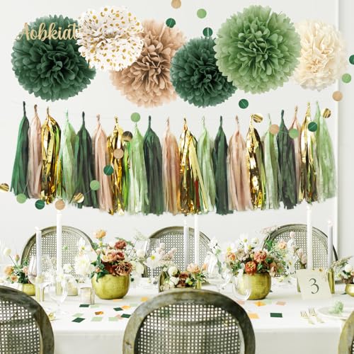 Image of AOBKIAT Sage Green Wedding Party Decorations Kit,28 PCS | with Tissue Paper Pom Poms,Garland,Tassels Hanging Backdrop for Birthday,Bridal Baby Shower,Boho Wedding Party Supplies