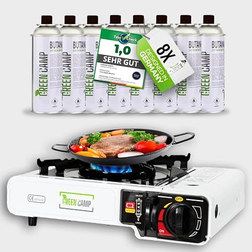 Green Camp ® Gaskocher mit 8 Kartuschen 227 g - Campingkocher mit Gaskartuschen mit Piezozündung - GaskocherCamping Green Camp ® Gaskocher mit 8 Kartuschen 227 g - Campingkocher mit Gaskartuschen mit Piezozündung - GaskocherCamping