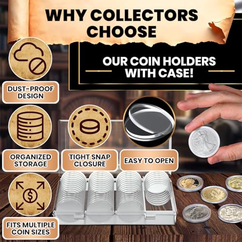 Image of Climberty 60 Pcs Coin Box with 5 Sizes Protective Gasket, Clear Plastic Coin Capsule Holder for 17-40mm Coins, Tokens, Medals, Collecting Storage Organizer