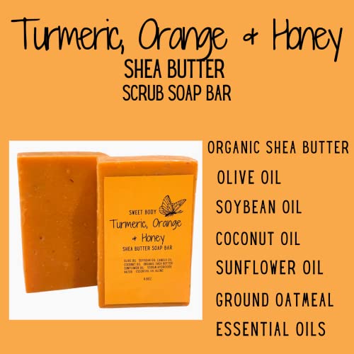 Sweet Body Turmeric Orange & Honey Luxury Handmade Soap Natural Body Wash– Ground Oatmeal Exfoliating Scrub Soap Bar With Premium Essential Oils, Cold Pressed (4.8 Oz, 2 Bars) Turmeric, Orange & Honey #TOP3