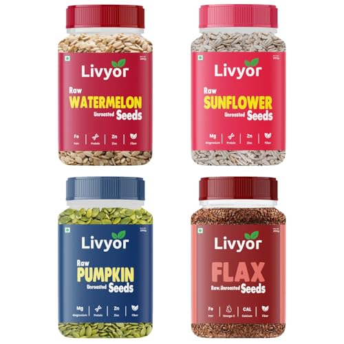 Image of Livyor 4 in 1 Seeds Combo for eating - 800g (200g each) | Pumpkin Seeds, Flax Seeds, Watermelon Seeds, Sunflower Seeds Combo | Weight management | Healthy and Nutritious | Pack of 4