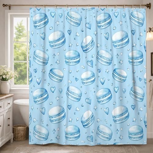 Kuchen-Duschvorhang, verspieltes Herz, Stern, Frühling, blau, wasserdichter Stoff, Toilettenstoff, Duschvorhänge, Dekoration für Toilette, Badezimmer, Wohnheim, 137 x 198 cm