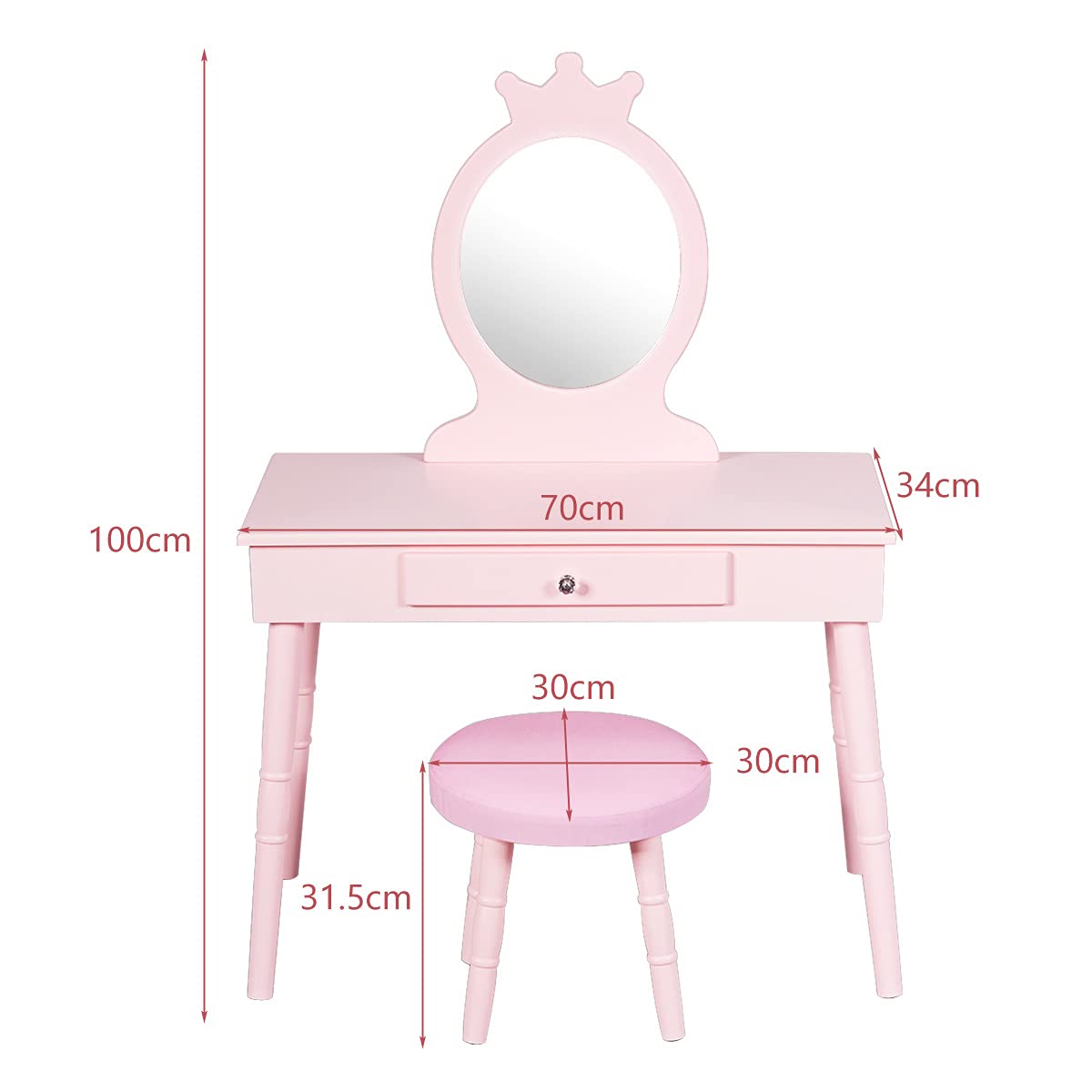 Tavolo Toeletta Bambini 2 In 1 Con Specchio Rimovibile - Scrivania E Trucco, Legno 70x34x100cm Rosa/Bianco - Foto 2