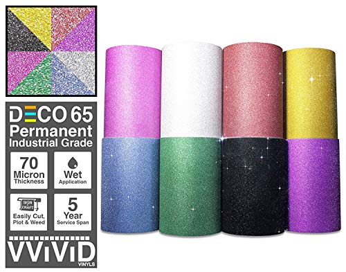 VViViD Deco65 Multi-Color Adhesive Craft Vinyl Bundle Including 12" x 24" Transfer Paper Roll (Glitter 12" x 3ft - 7 Roll Bundle)