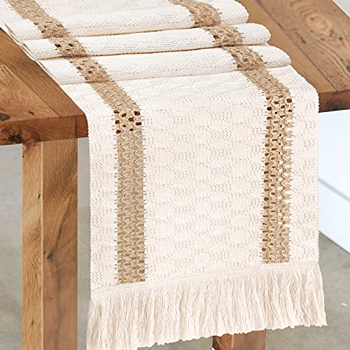 Senneny Macrame Table Runner, Cream Beige Boho Table Runner with Tassels, Hand Woven Cotton and Burlap Splicing Table Runner, Rustic Farmhouse Table Runner for Bohemian, Fall, Kitchen Dining Table