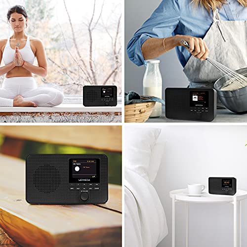 Image of LEMEGA IR1 Portable WIFI Internet Radio,FM Digital Radio,Bluetooth Speaker,Dual Alarms Clock,Sleep Snooze Timer,40 Presets, Headphone-Output,Colour Display,Batteries or Mains Powered - Black Finish