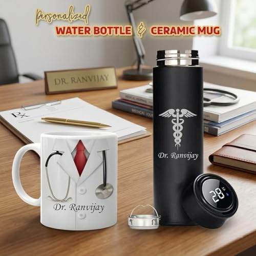 Image of SAVRI Personalized Doctor Drinkware Gift Set | Custom Bottle with Doctor Logo & Coffee Mug | Customized Gift for Doctors, Nurses, Medical Students | Graduation, Convocation, Appreciation