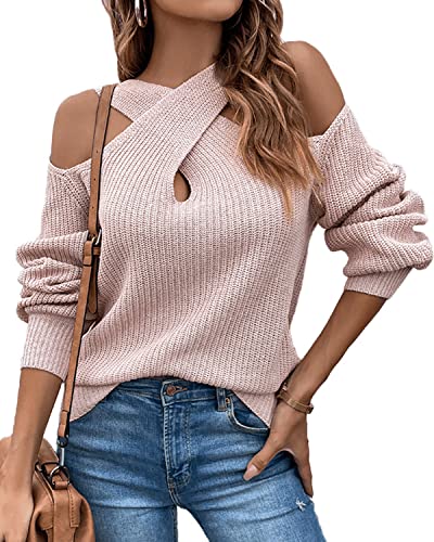 Image of Womens Sexy Criss Cross V Neck Cold Shoulder Pullover Sweater Cutout Lantern Sleeve Halter Sweatshirt Jumper