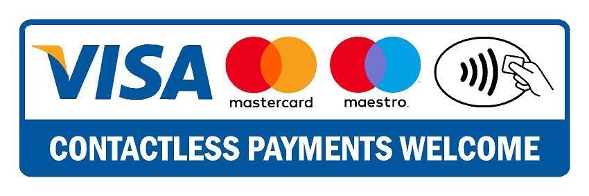 Contactless payments welcome safety sign - Self adhesive sticker (450mm x 150mm)