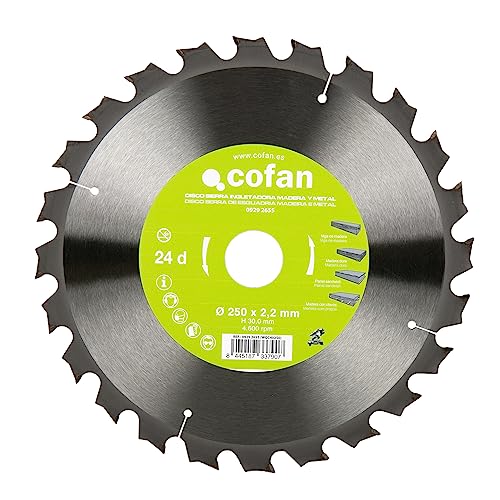 Cofan Hoja De Sierra Ingletadora Disco De Corte Para Madera Y Metal 24 Dientes Adecuado Para Maderas Duras, Paneles Sándwich Y Metales Con Clavos 250 X 30 Mm Grosor Del Disco: 2,2 Mm
