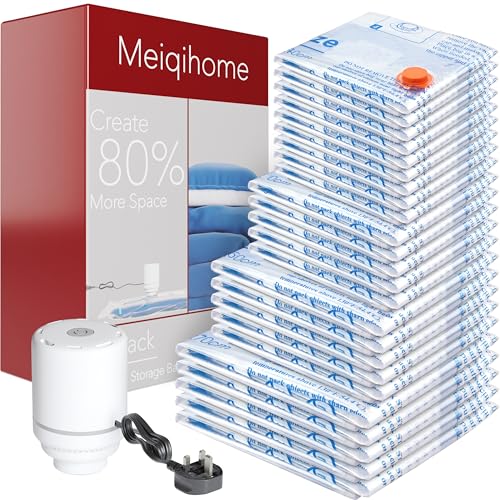 24 Pack Vacuum Storage Bags with Electric Air Pump,5 jumbo, 5 large, 5 midium, 5 small and 4 roll bags, Airtight Compression Bags for Clothes, Pillows, Comforters, Blankets, Bedding