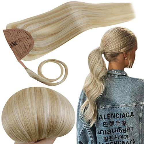 RUNATURE Ponytail Extension Human Hair Blonde Clip in Ponytail Hair Extensions Real Human Hair Highlight Platinum Blonde Straight 14 Inch 70g #18/613