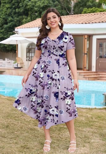 Image of Keluummi Plus Size Maxi Dress for Women V-Neck Short Sleeve with Pockets