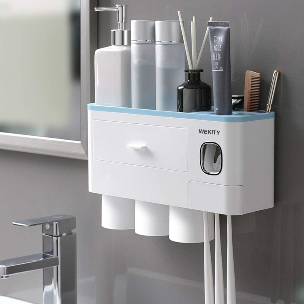 Wekity Multifunctional Wall-Mounted Toothbrush Holder, Automatic Toothpaste Dispenser Space Saving Toothbrush Organizer with Dustproof Cover, Cups and Drawers Cosmetic Organizer (3 Cups, Blue)