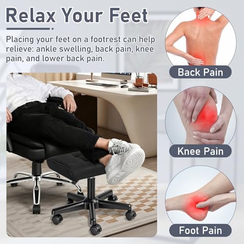 Image of Footrest Under Desk Leg Rest Ottoman Adjustable Height Foot Stool with Wheels Leather Footrest