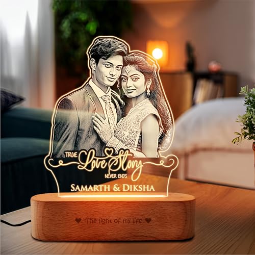 Image of ZOCI VOCI Personalized Acrylic LED Lamp | Romantic for Valentine's Day Gift, Personalized Gifts for Couples (Warm Light, B&W - Engraving)
