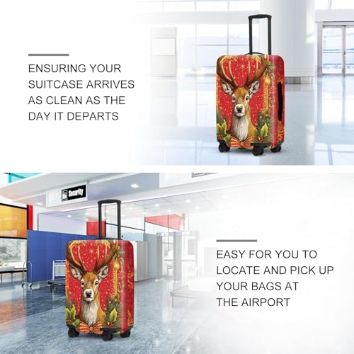 Image of Vintage Plaid Luggage Cover - Red Tartan with Golden Deer and Holly, Classic Stretchable Suitcase Cover 24 26 Inch