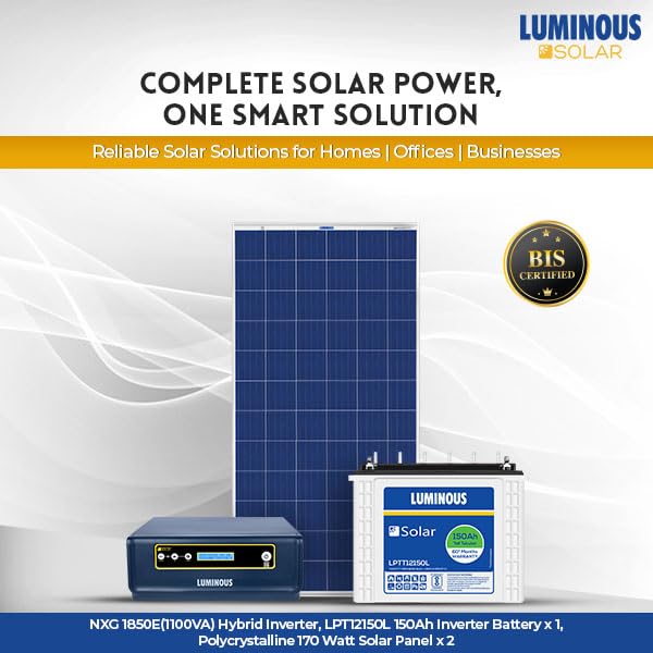 Image of Luminous Solar Inverter, Battery & Panel Combo | NXG PRO 1KVA /12V Off-Grid Solar Inverter | LPTT 12150L 150 Ah Tall Tubular Battery | 210 Wp Mono Perc Halfcut Solar Panels (Pack of 2)